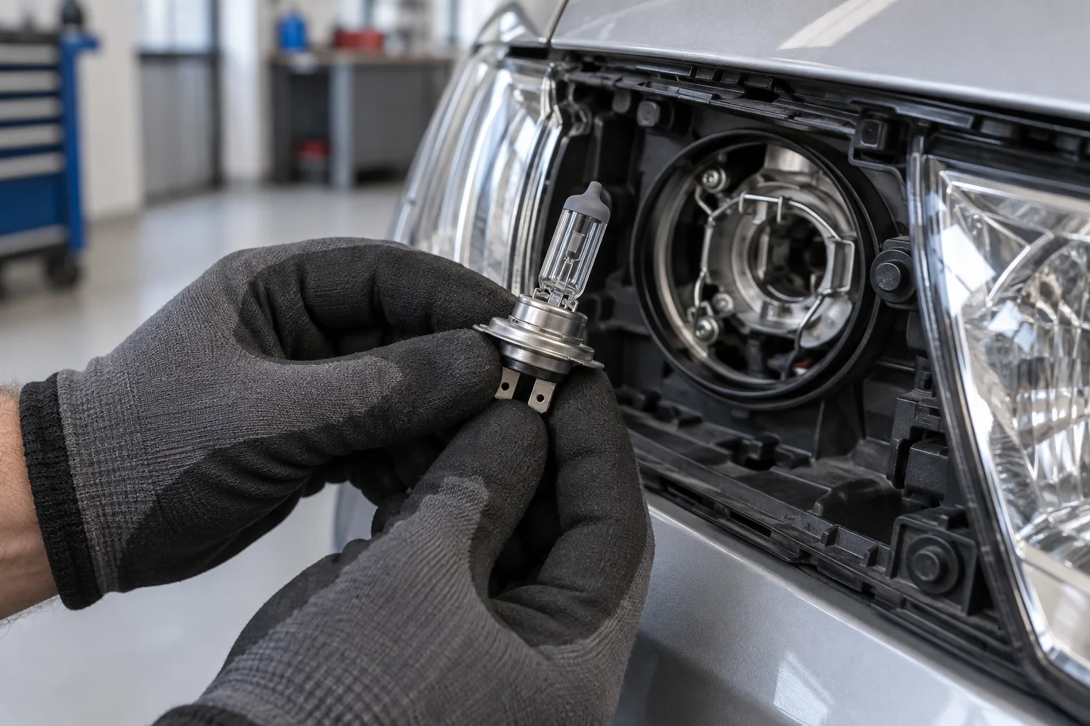 Eine H7-Halogenbirne wird mit Handschuhen vor einem geöffneten Scheinwerfer gehalten (mit KI erzeugt)