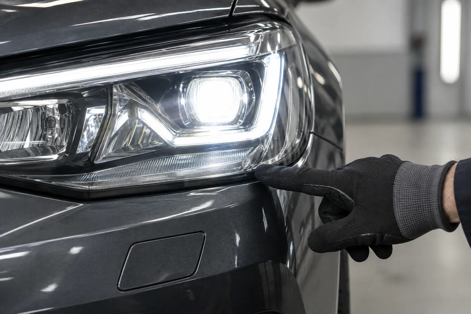 Eine behandschuhte Hand zeigt auf die unlesbare Genehmigungskennzeichnung am Rand eines modernen LED-Scheinwerfers (mit KI erzeugt)