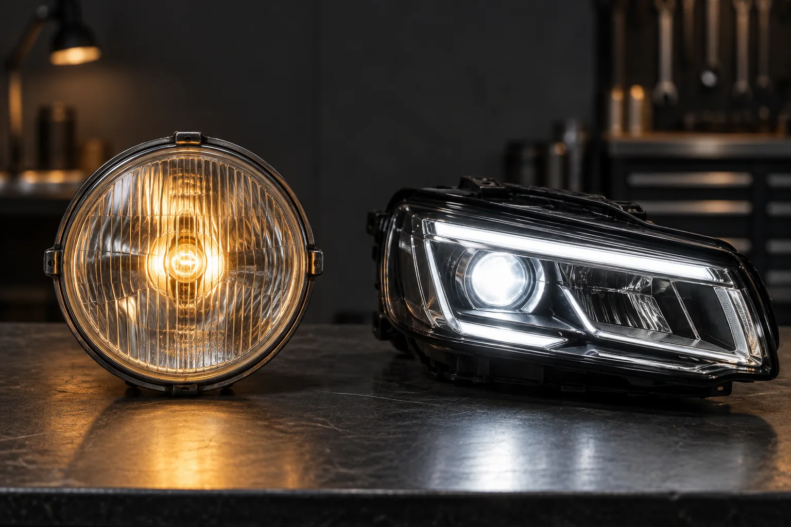 Ein leuchtender klassischer Rundscheinwerfer mit Halogenfaden neben einem modernen LED-Scheinwerfermodul (mit KI erzeugt)