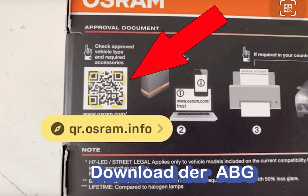ABG Download mittels QR-Code bei OSRAM für H7-LED-Birnen legale Umrüstung