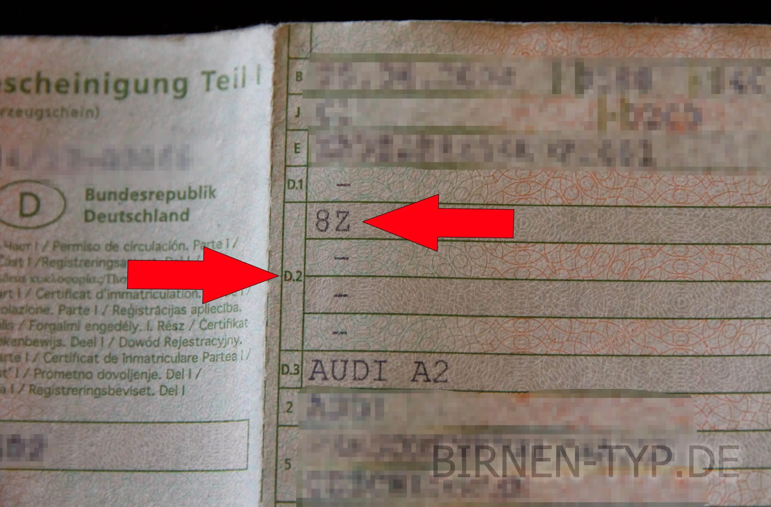 Fahrzeugschein Zulassungbescheinigung Teil 1 Fahrzeug Modell Code NUmmer Werkscode intern BIRNENTYP PIXEL_IMG_0249.jpg