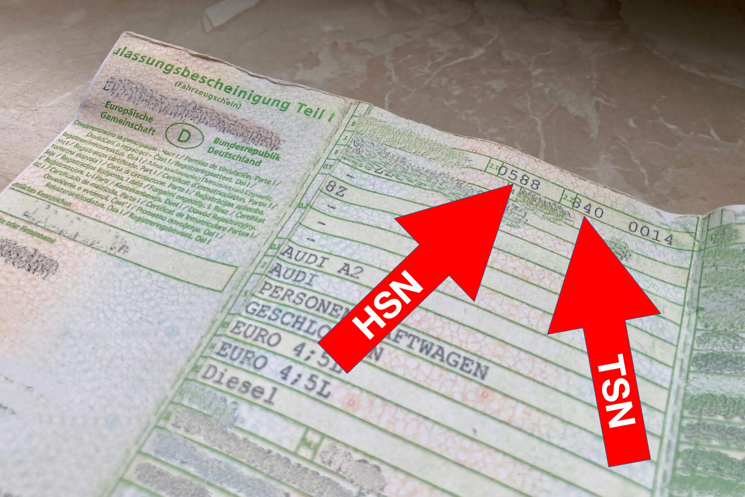 Fahrzeugschein (Zulassungsbescheinigung Teil 1): hier stehen HSN und TSN