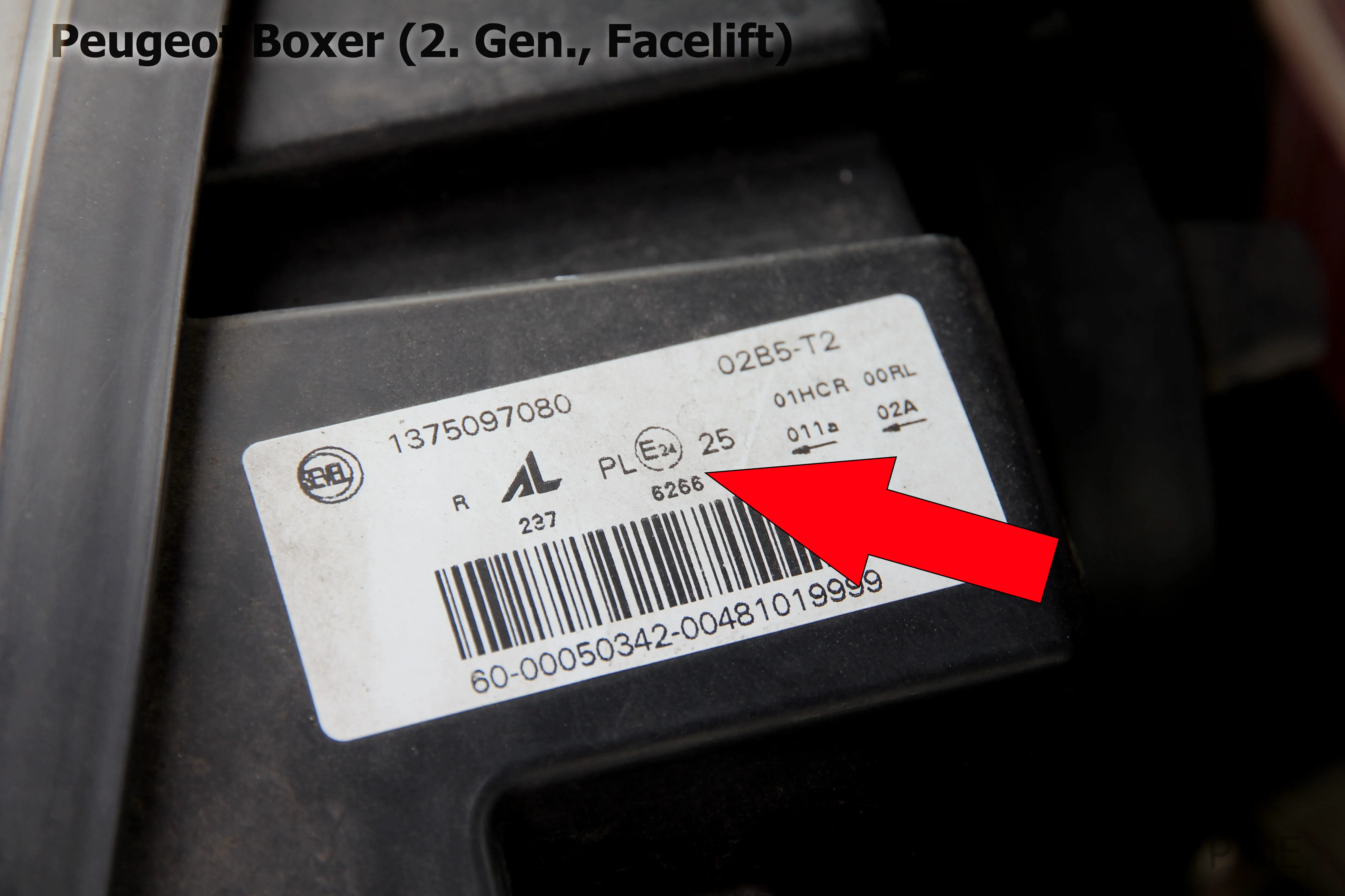 Hier findest Du die Scheinwerfer-Genehmigungsnummer des Peugeot Boxer 2 Facelift