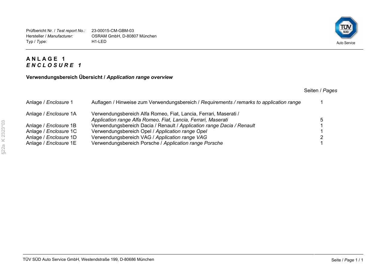 Anlage 1 der ABG K 2323*03: Auflagen und Hinweise zum Verwendungsbereich, nummerierte Fußnoten unter anderem zu Wohnmobil-Aufbauten, Gummiabdeckkappe, Scheinwerferverschlusskappe und Fernlichtkennzahl
