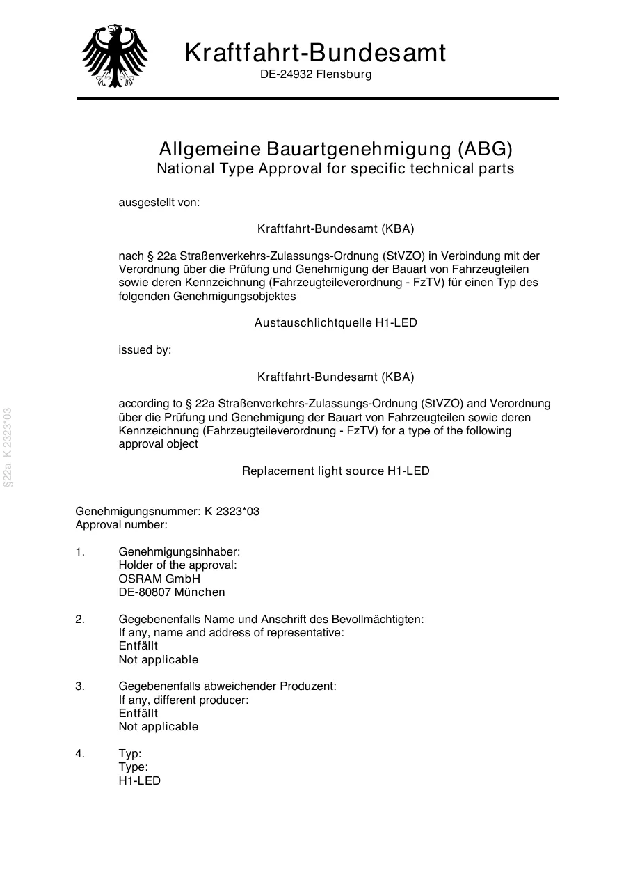 Deckblatt der Allgemeinen Bauartgenehmigung K 2323*03 des Kraftfahrt-Bundesamts für die Austauschlichtquelle H1-LED von OSRAM, zweisprachig Deutsch und Englisch