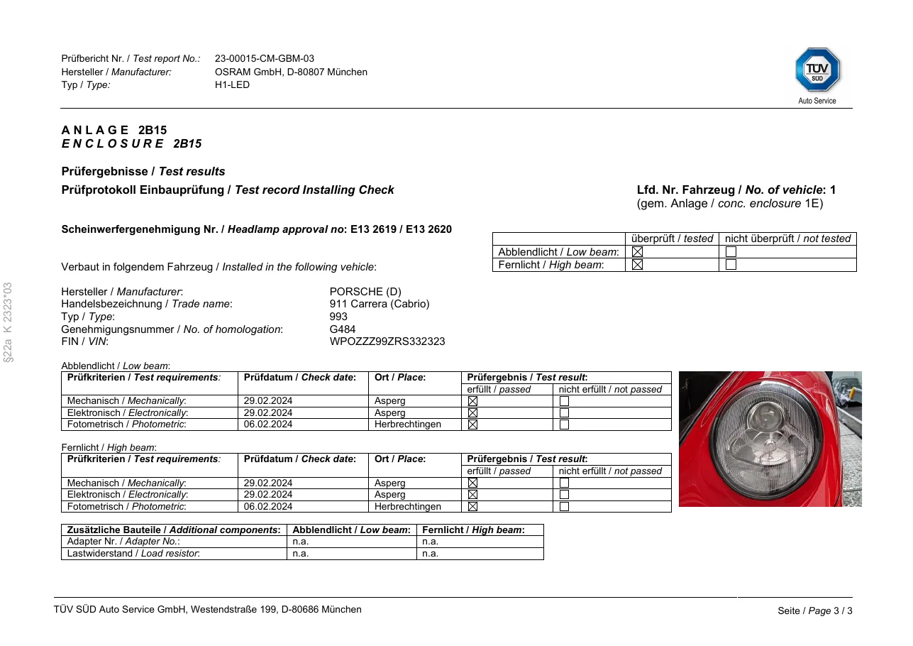 Prüfprotokoll der Einbauprüfung aus dem TÜV-SÜD-Prüfbericht zur ABG K 2323*03: Tabelle mit Fahrzeug, Scheinwerfer-Genehmigungsnummer, Lichtfunktion, Variante und Messwerten