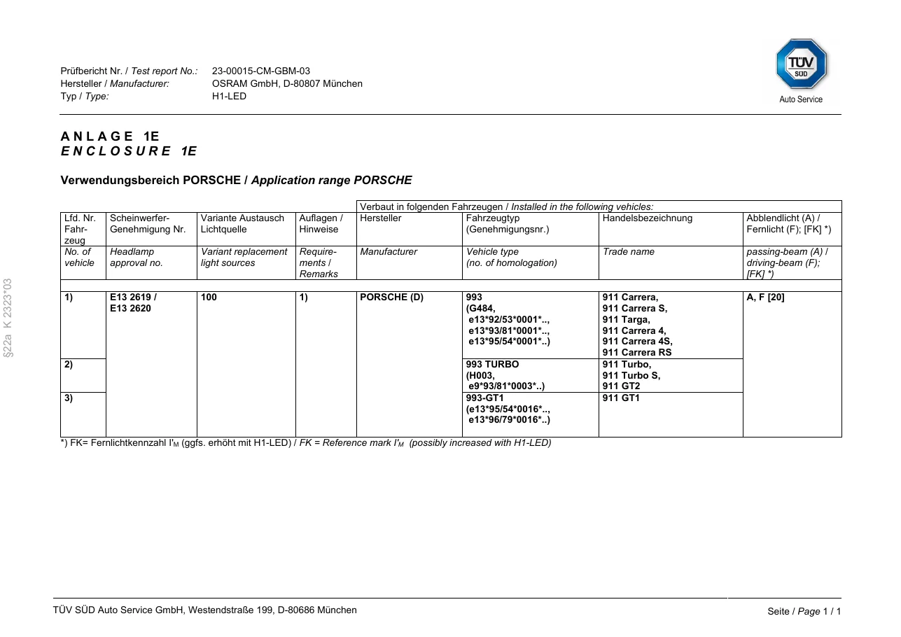Anlage 1E der ABG K 2323*03: Verwendungsbereich Porsche mit der Zeile für den 911 Carrera der Baureihe 993, Scheinwerfer-Genehmigung E13 2619, Abblend- und Fernlicht, Fernlichtkennzahl 20