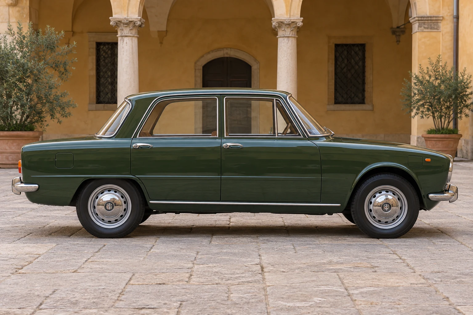 Seitenansicht (Fahrerseite) des Alfa Romeo 1750 / 2000 1 als Limousine (mit KI erzeugt)