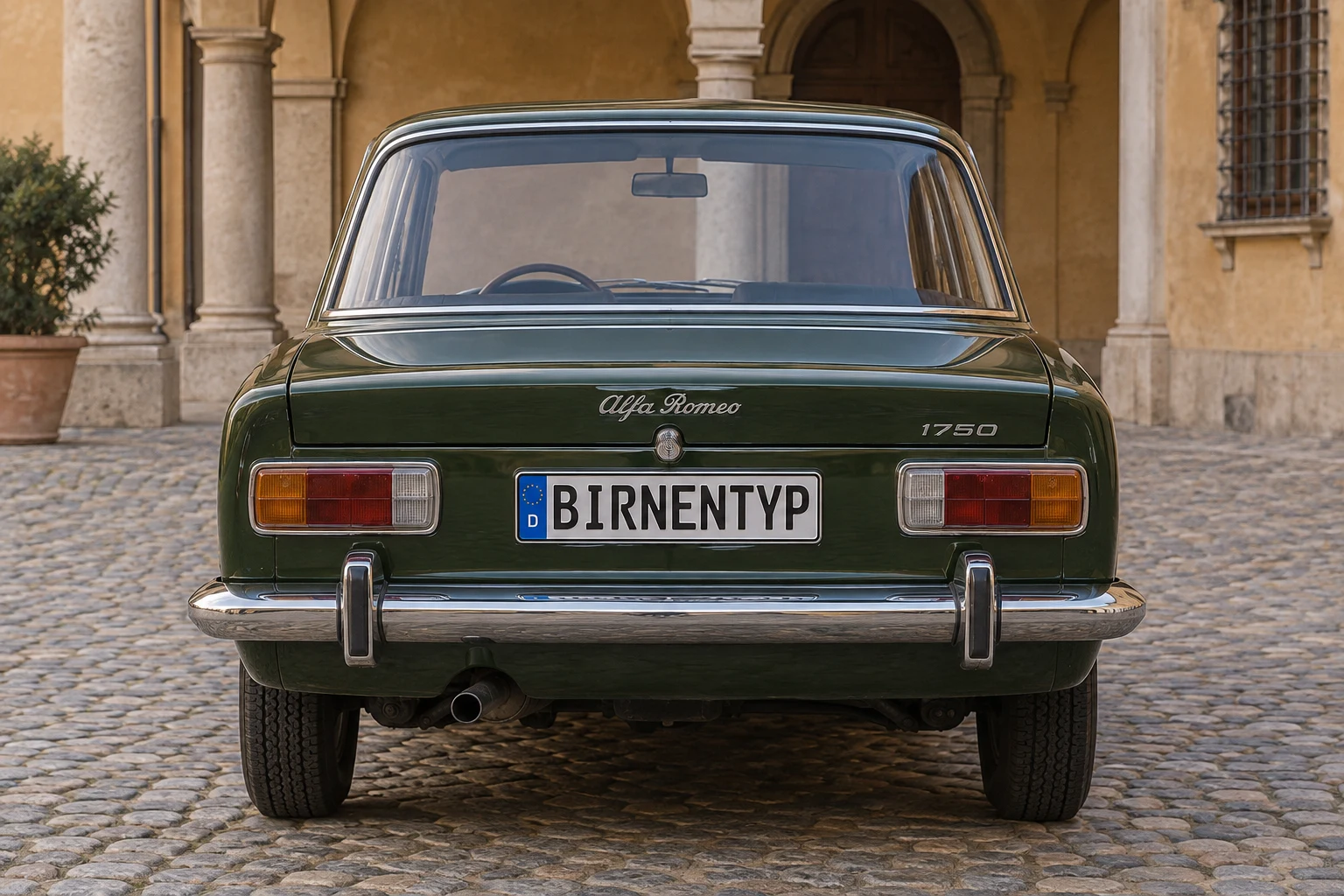 Heck-Ansicht des Alfa Romeo 1750 / 2000 1 (mit KI erzeugt)