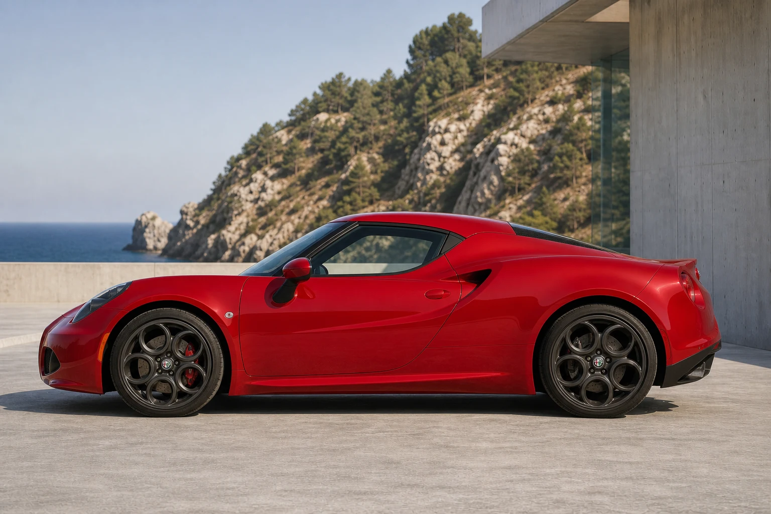 Seitenansicht (Fahrerseite) des Alfa Romeo 4C 1 als Coupé (mit KI erzeugt)