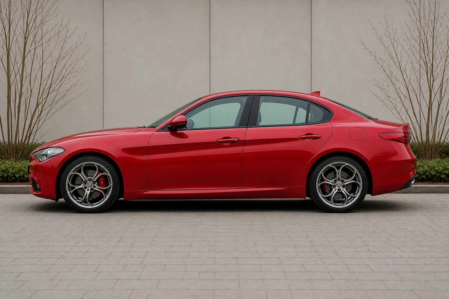 Seitenansicht (Fahrerseite) der Alfa Romeo Giulia 2 als Limousine (mit KI erzeugt)