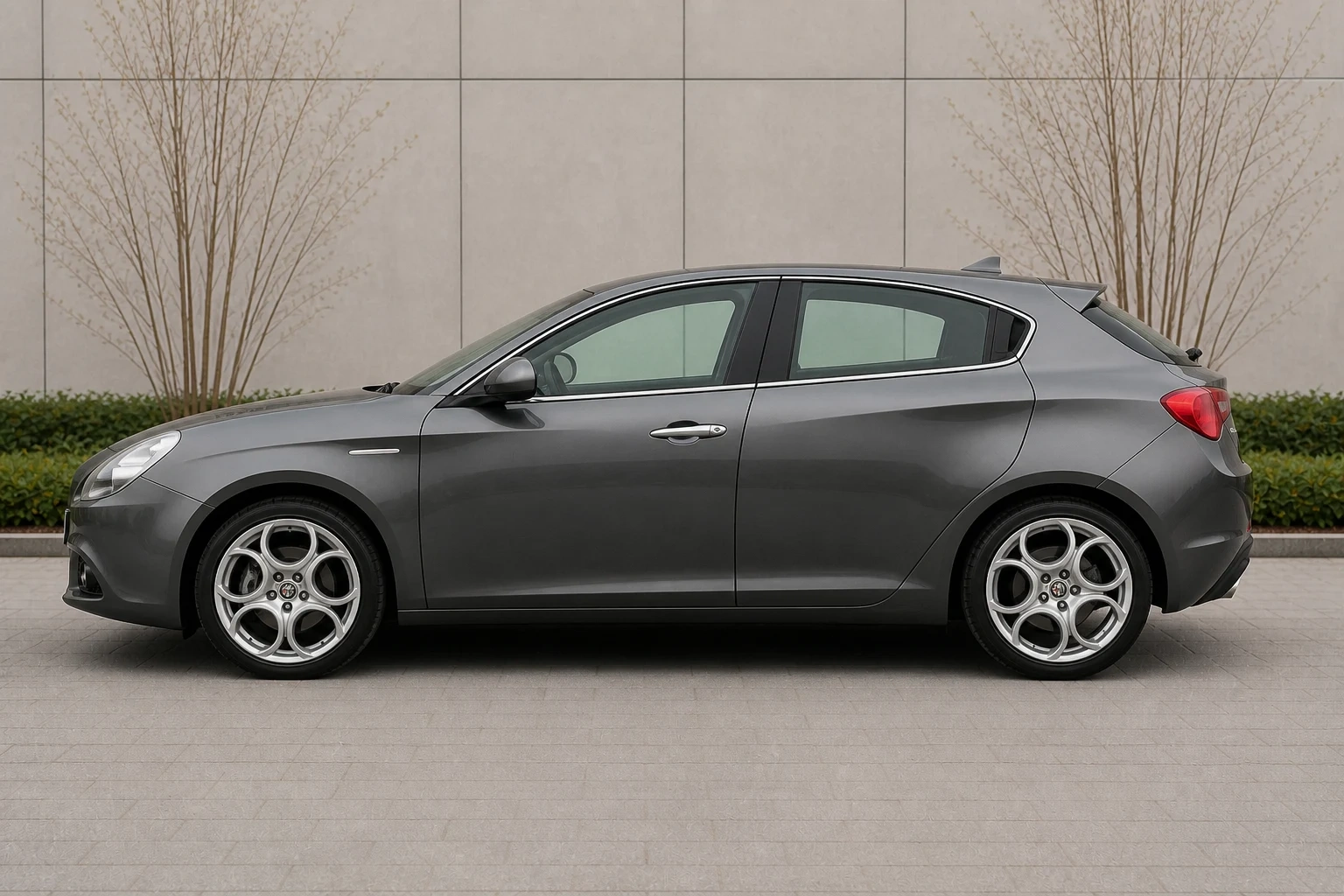Seitenansicht (Fahrerseite) der Alfa Romeo Giulietta 3 als Schrägheck (mit KI erzeugt)