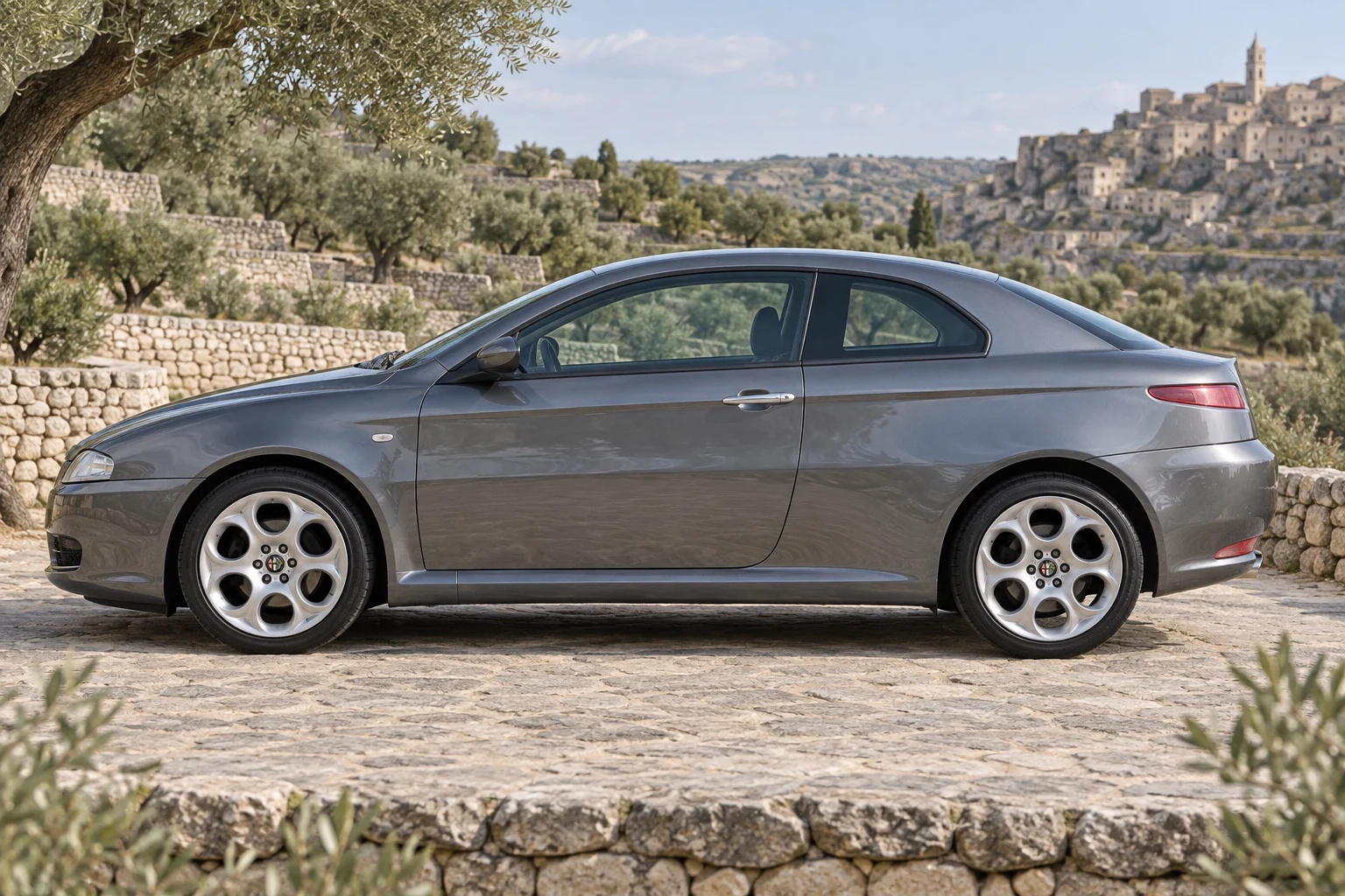 Seitenansicht (Fahrerseite) des Alfa Romeo GT 1 als Coupé (mit KI erzeugt)
