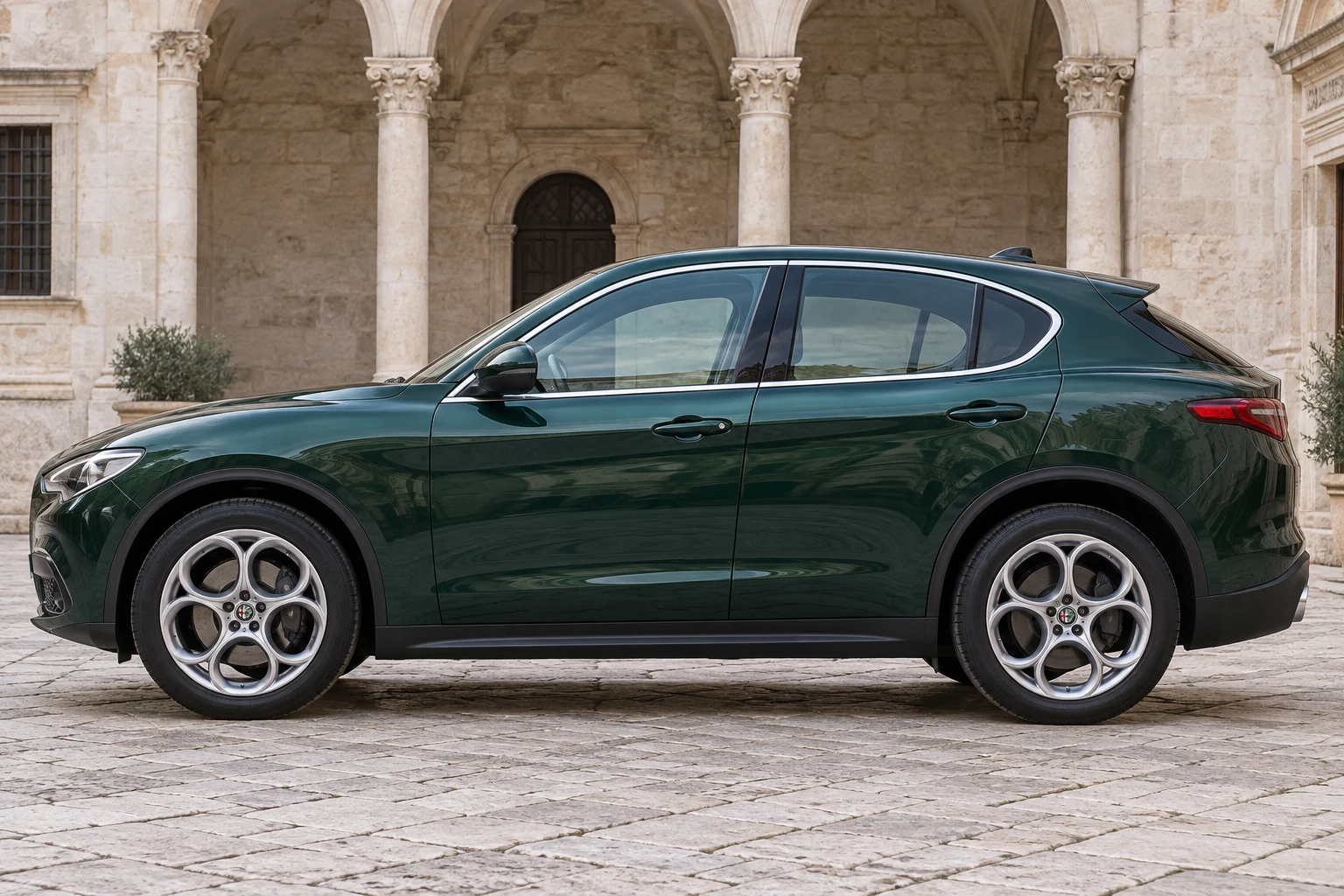 Seitenansicht (Fahrerseite) des Alfa Romeo Stelvio 1 als SUV, Vor-Facelift (mit KI erzeugt)