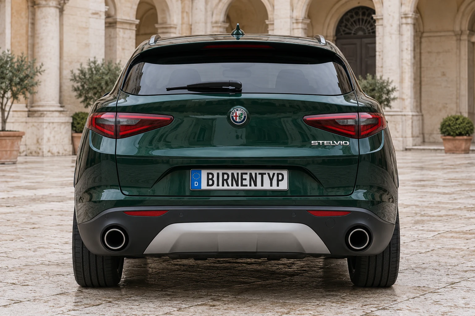 Heck-Ansicht des Alfa Romeo Stelvio 1 (mit KI erzeugt)