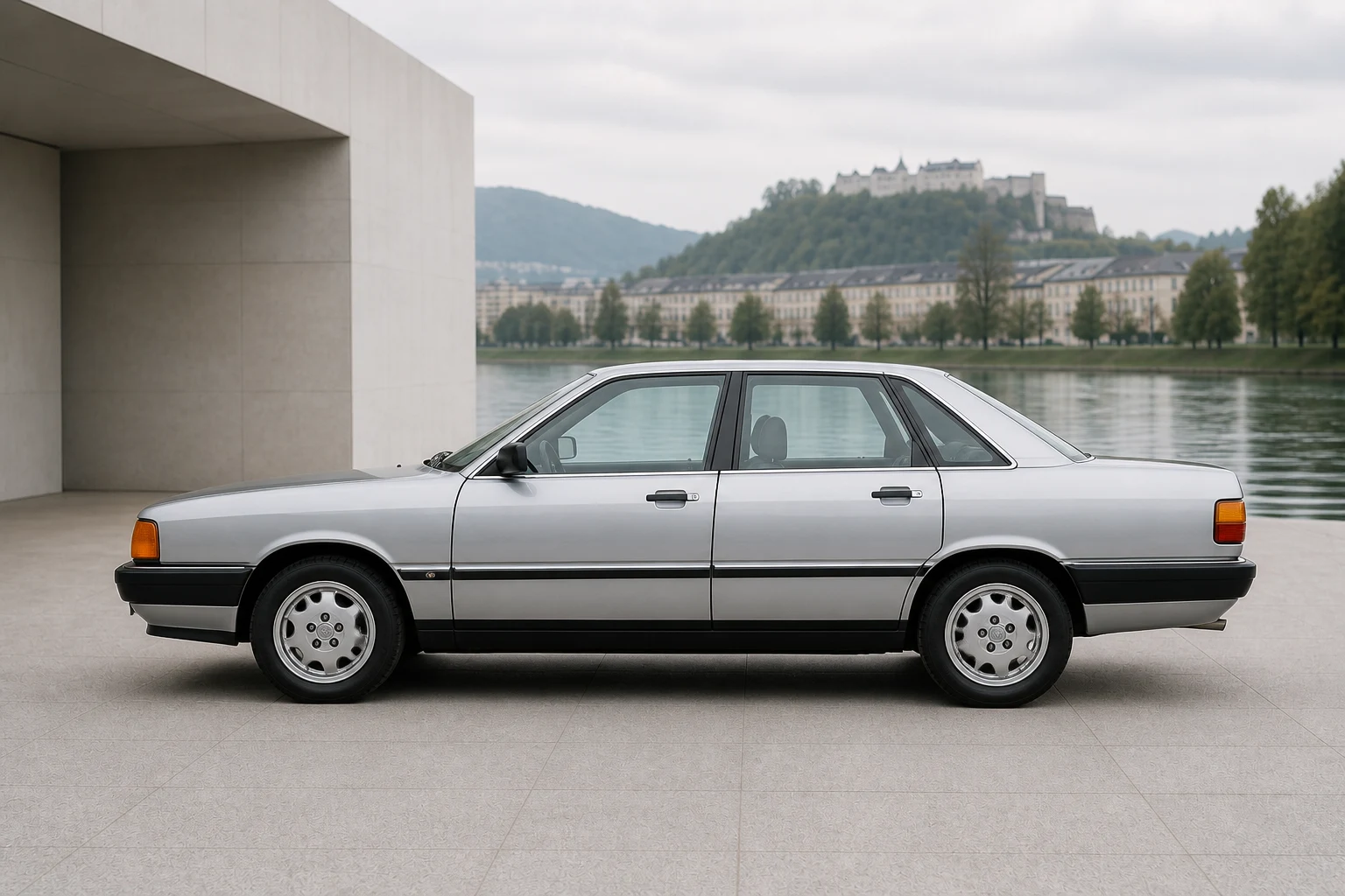Seitenansicht (Fahrerseite) des Audi 100 3 als Limousine (mit KI erzeugt)