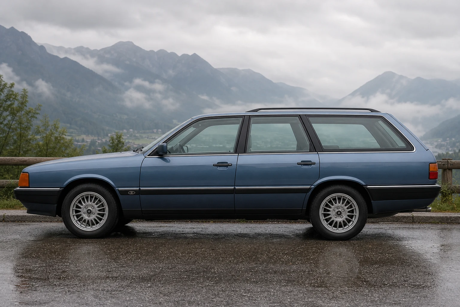 Seitenansicht (Fahrerseite) des Audi 100 3 als Avant / Kombi (mit KI erzeugt)
