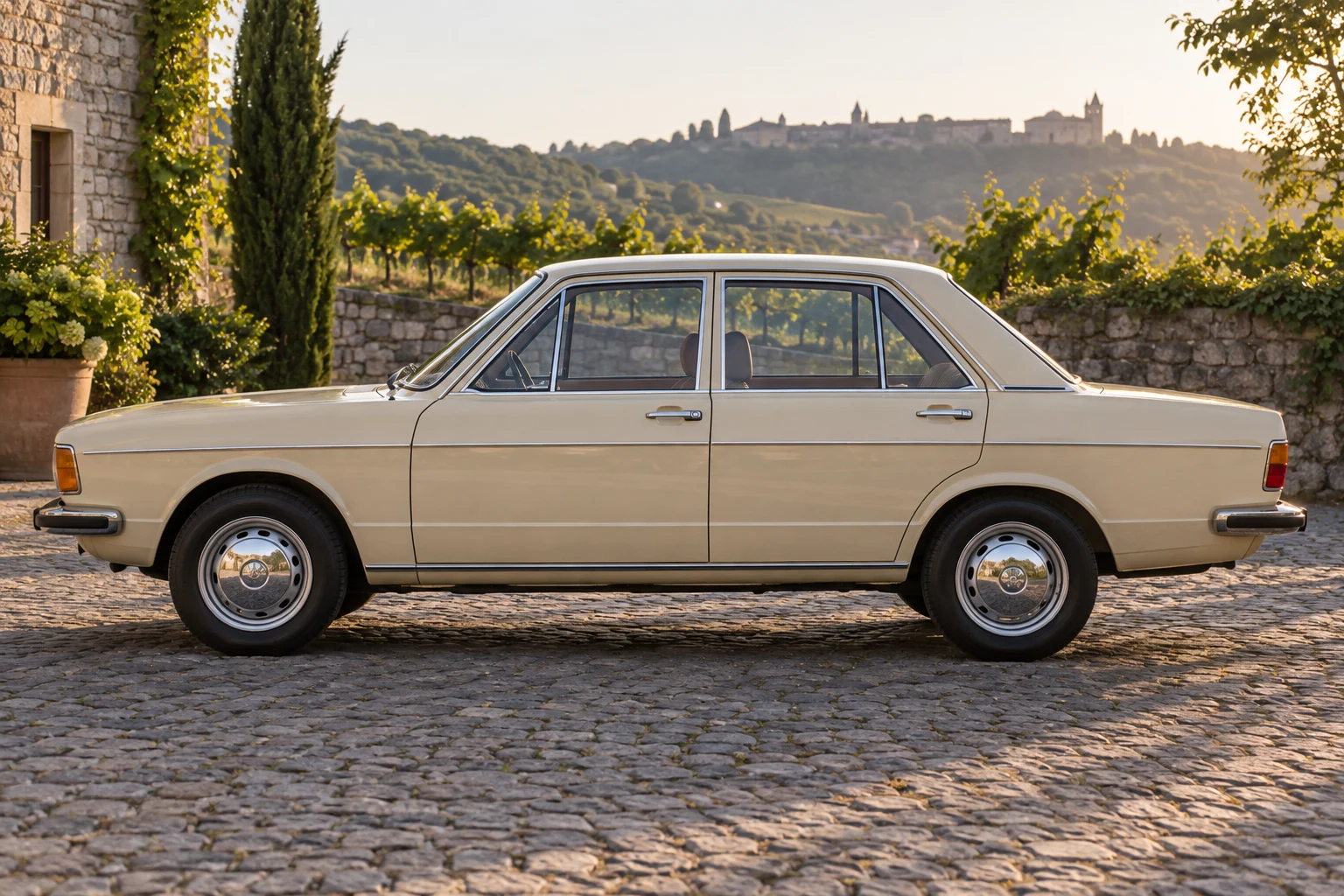 Seitenansicht (Fahrerseite) des Audi 80 1 als Limousine (4-Türer) (mit KI erzeugt)