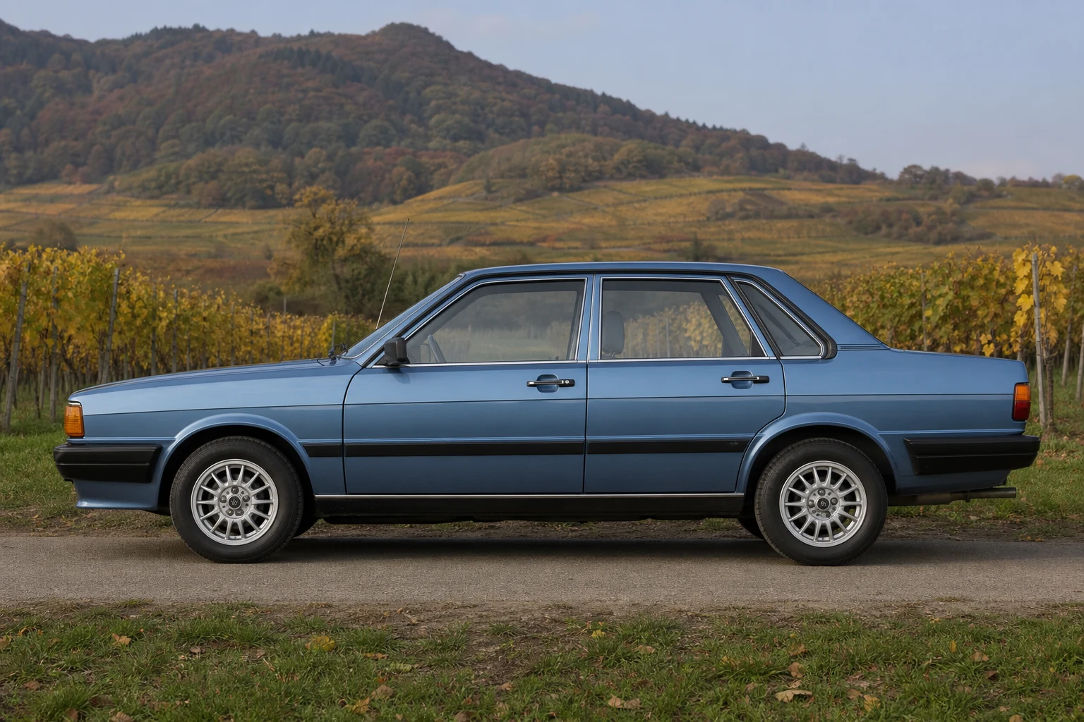 Seitenansicht (Fahrerseite) des Audi 80 2 als Limousine (2- & 4-türig) (mit KI erzeugt)