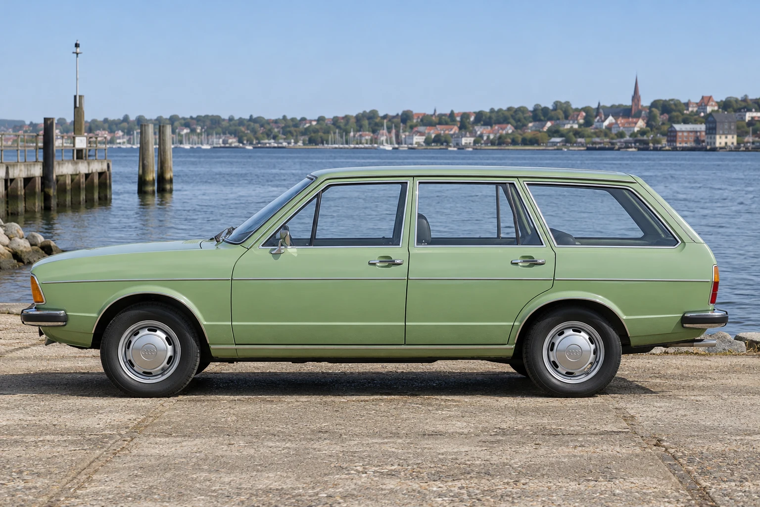 Seitenansicht (Fahrerseite) des Audi 80 1 als Avant / Kombi (Fox Estate) (mit KI erzeugt)