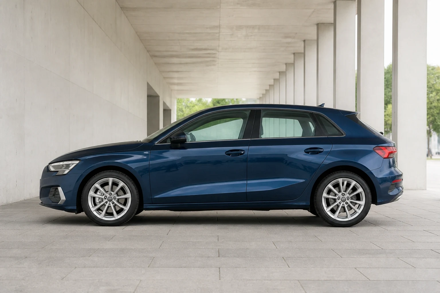 Seitenansicht (Fahrerseite) des Audi A3 4. Gen als Sportback / Kombi (mit KI erzeugt)