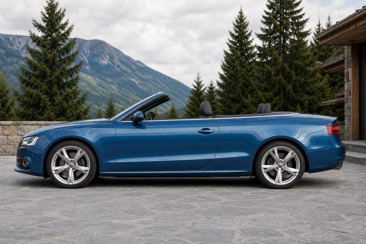 Seitenansicht (Fahrerseite) des Audi A5 1 als Cabrio (mit KI erzeugt)