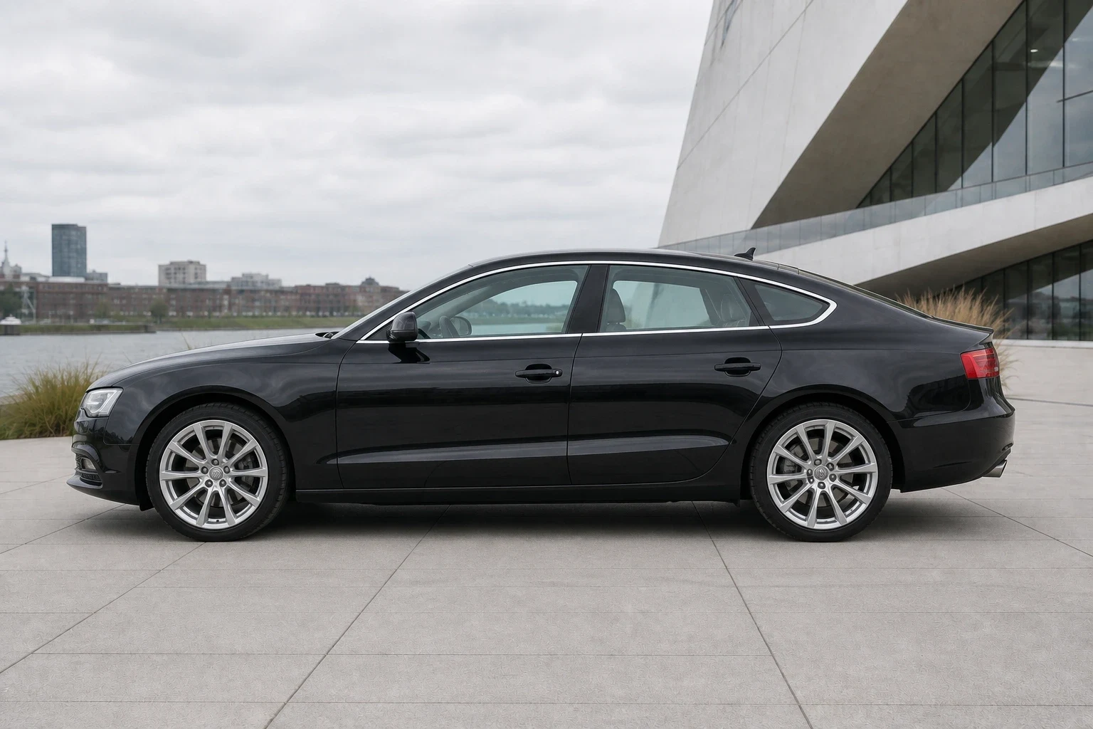 Seitenansicht (Fahrerseite) des Audi A5 1 als Sportback (mit KI erzeugt)