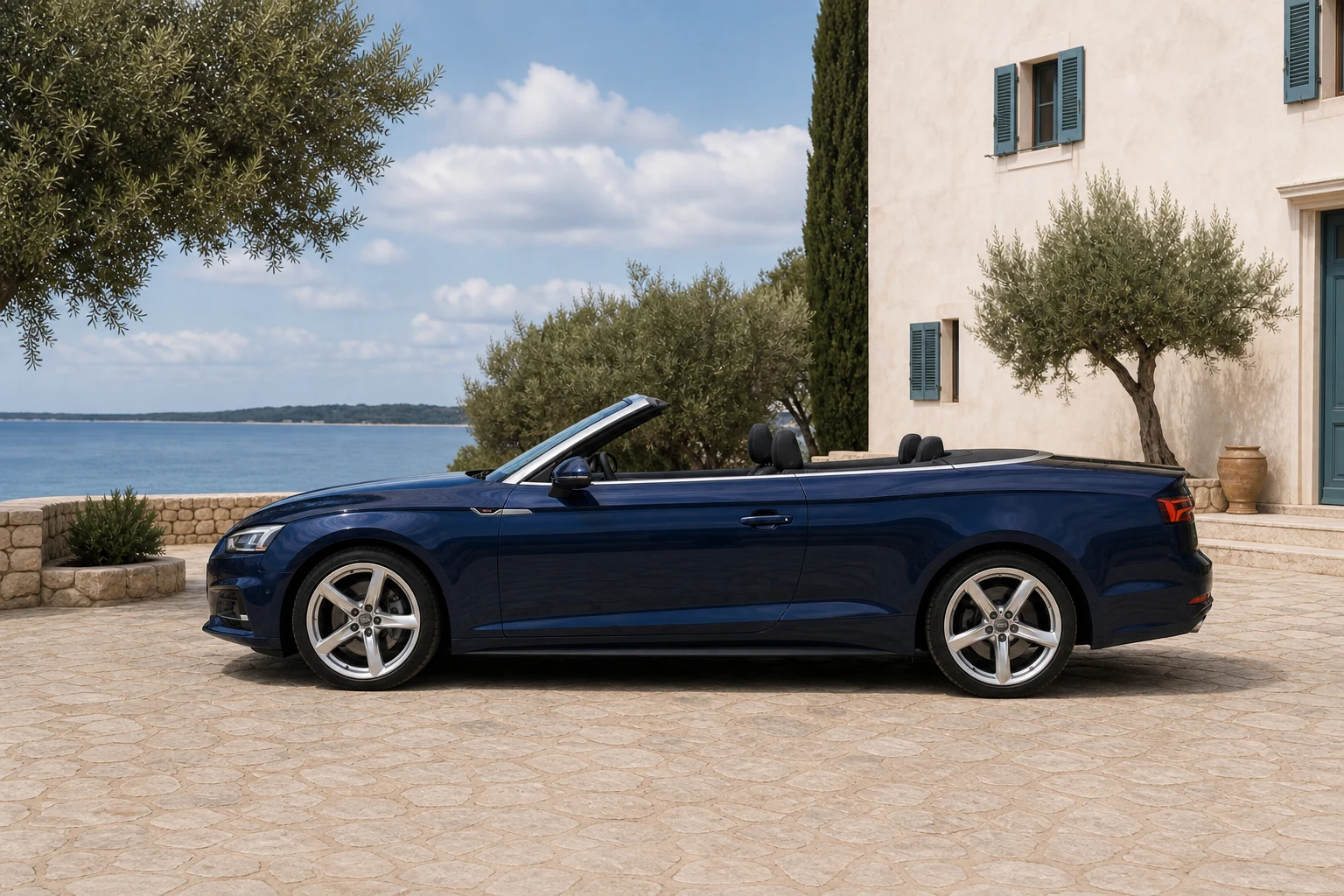 Seitenansicht (Fahrerseite) des Audi A5 2 als Cabriolet (mit KI erzeugt)