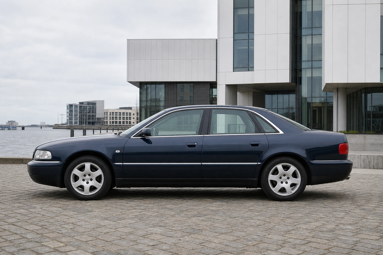 Seitenansicht (Fahrerseite) des Audi A8 1 als Limousine (inkl. Langversion) (mit KI erzeugt)