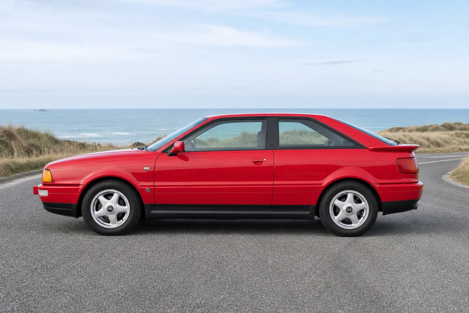 Seitenansicht (Fahrerseite) des Audi Coupé 2 als Coupé (mit KI erzeugt)