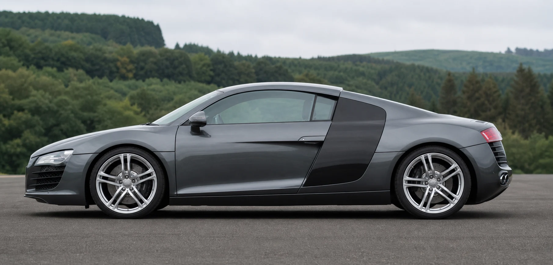 Seitenansicht (Fahrerseite) des Audi R8 1 als Coupé (mit KI erzeugt)