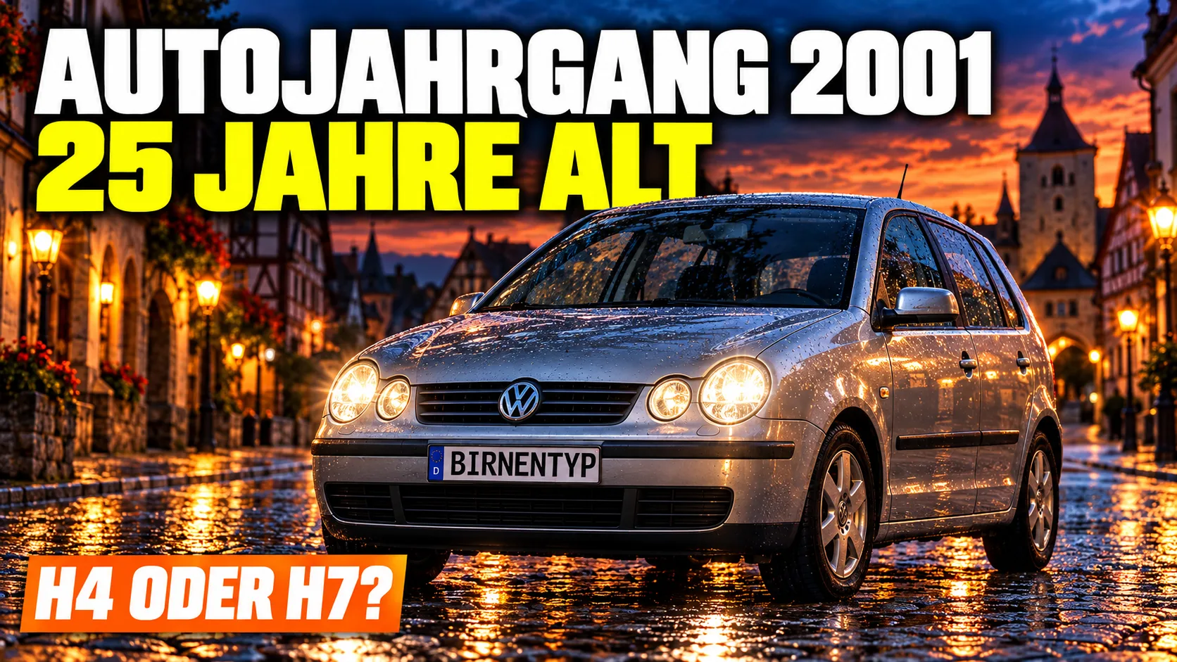 KI-generiertes Thumbnail: silberner VW Polo 9N mit leuchtenden Halogenscheinwerfern in der Dämmerung auf nassem Kopfsteinpflaster, Kennzeichen BIRNENTYP, Aufschrift Autojahrgang 2001, 25 Jahre alt, H4 oder H7? (mit KI erzeugt)