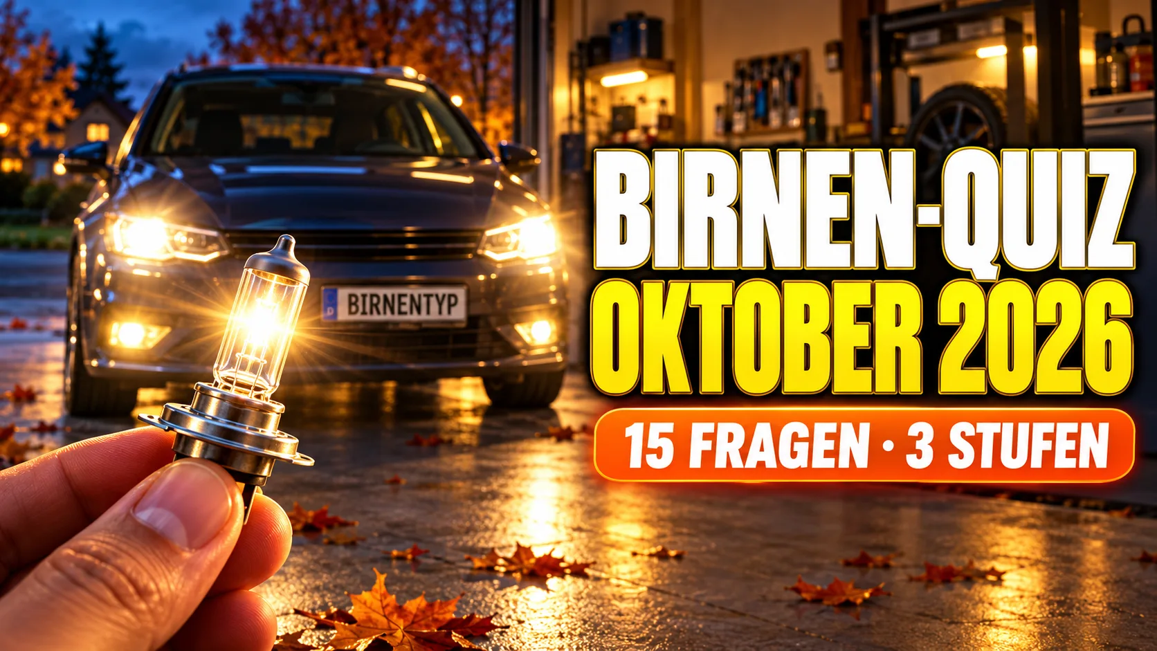 KI-generiertes Thumbnail: Hand hält eine leuchtende Halogen-Autobirne vor einem Auto mit eingeschalteten Scheinwerfern in einer herbstlichen Garageneinfahrt, Aufschrift Birnen-Quiz Oktober 2026, 15 Fragen · 3 Stufen (mit KI erzeugt)