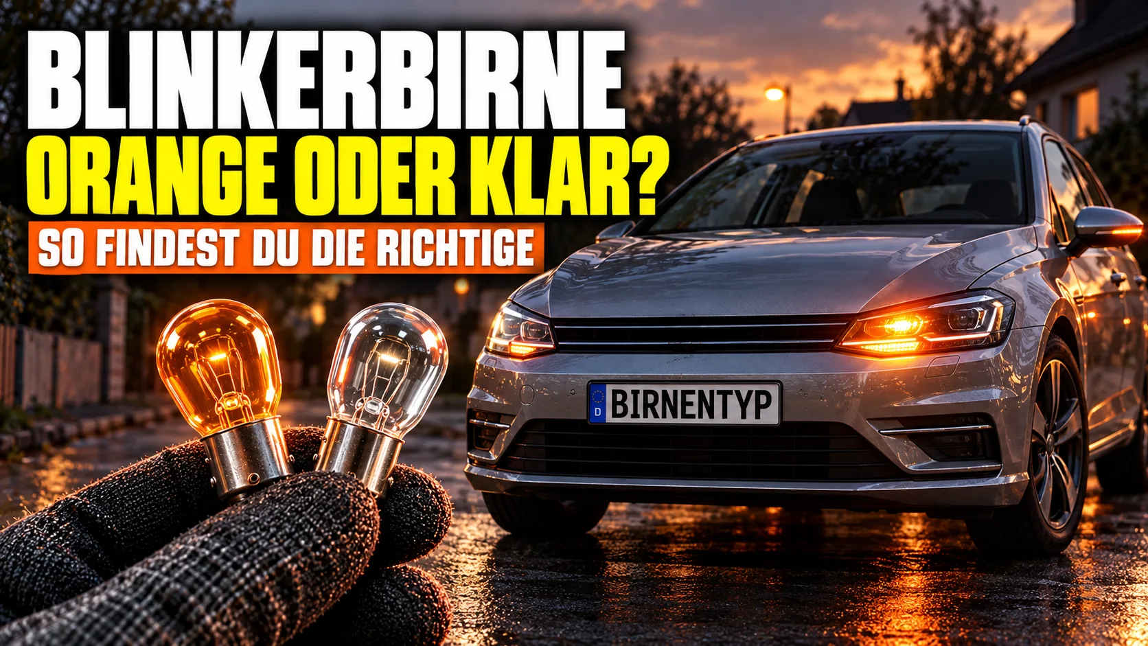 KI-generiertes Thumbnail: Hand im Arbeitshandschuh hält eine orange und eine klare Blinkerbirne vor einem silbernen Kombi mit leuchtendem Blinker und Kennzeichen BIRNENTYP, Aufschrift Blinkerbirne – orange oder klar? So findest Du die richtige (mit KI erzeugt)