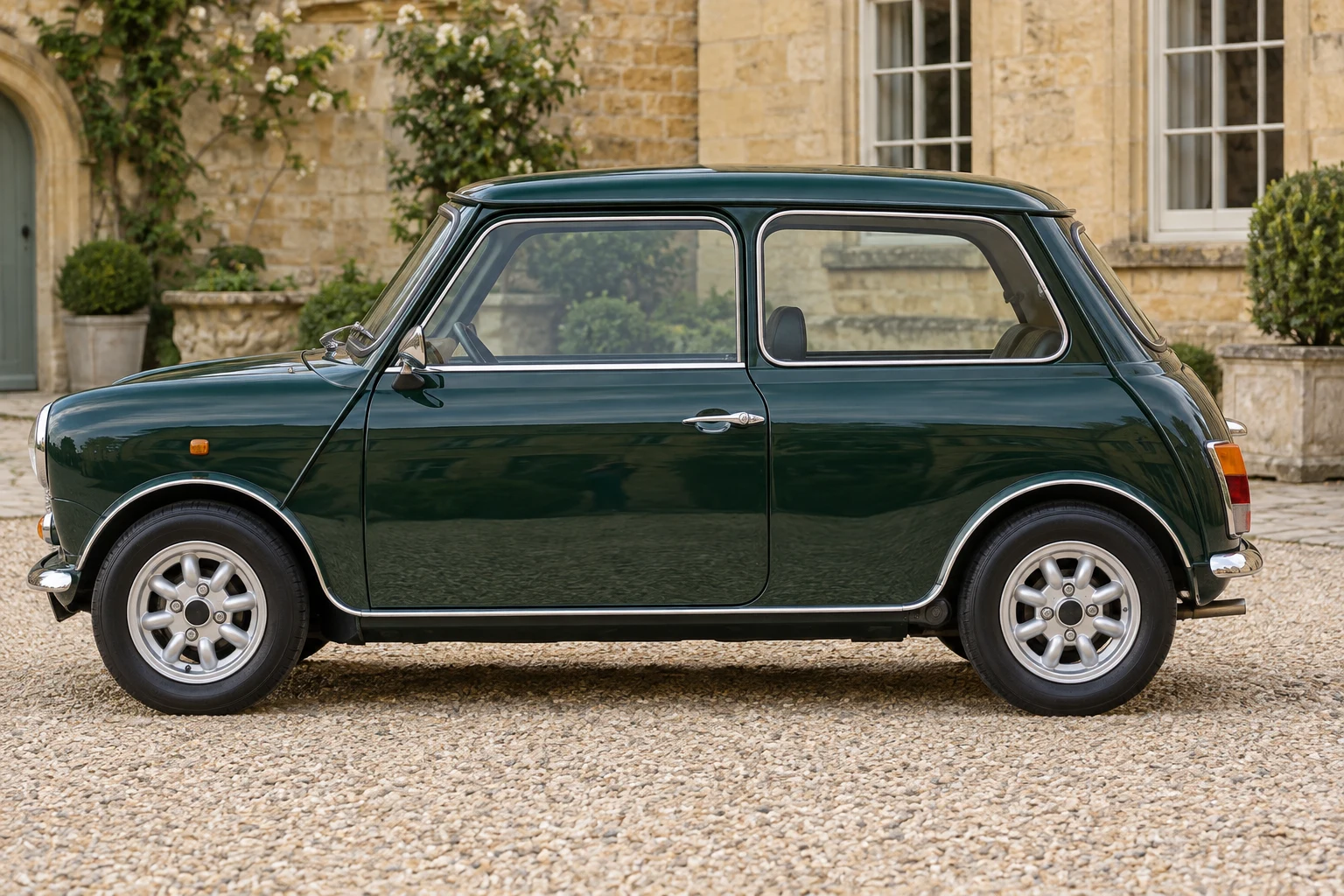 Seitenansicht (Fahrerseite) des BMC Mini 5 als Limousine (mit KI erzeugt)