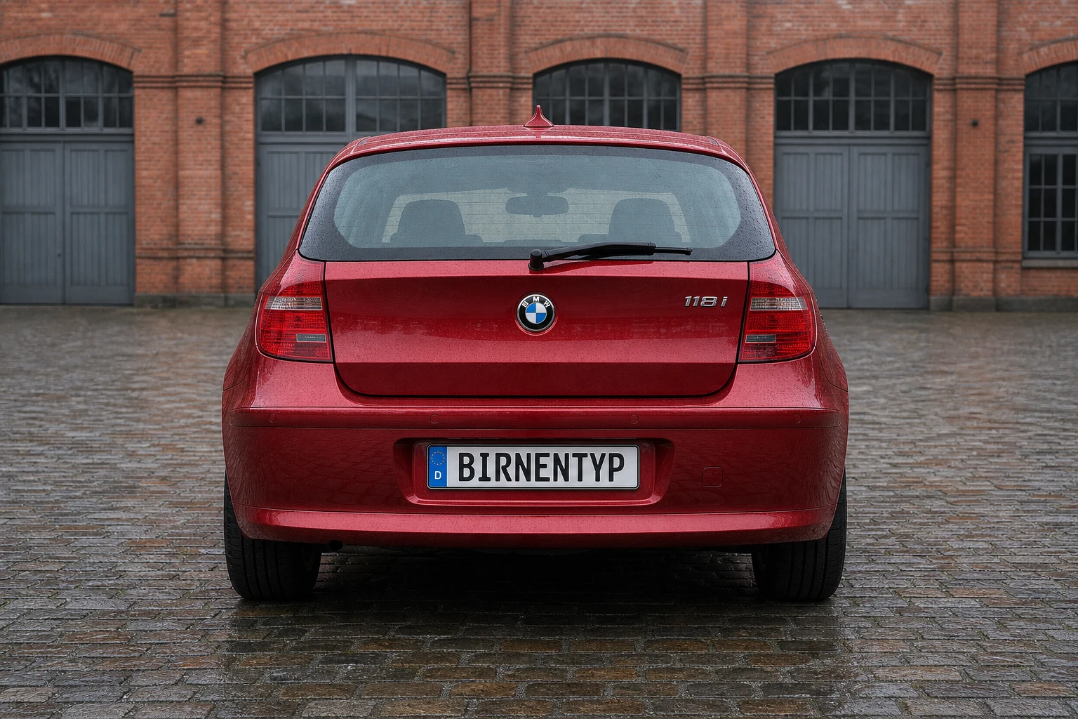 Heck-Ansicht des BMW 1er 1. Gen (3-Türer) (mit KI erzeugt)