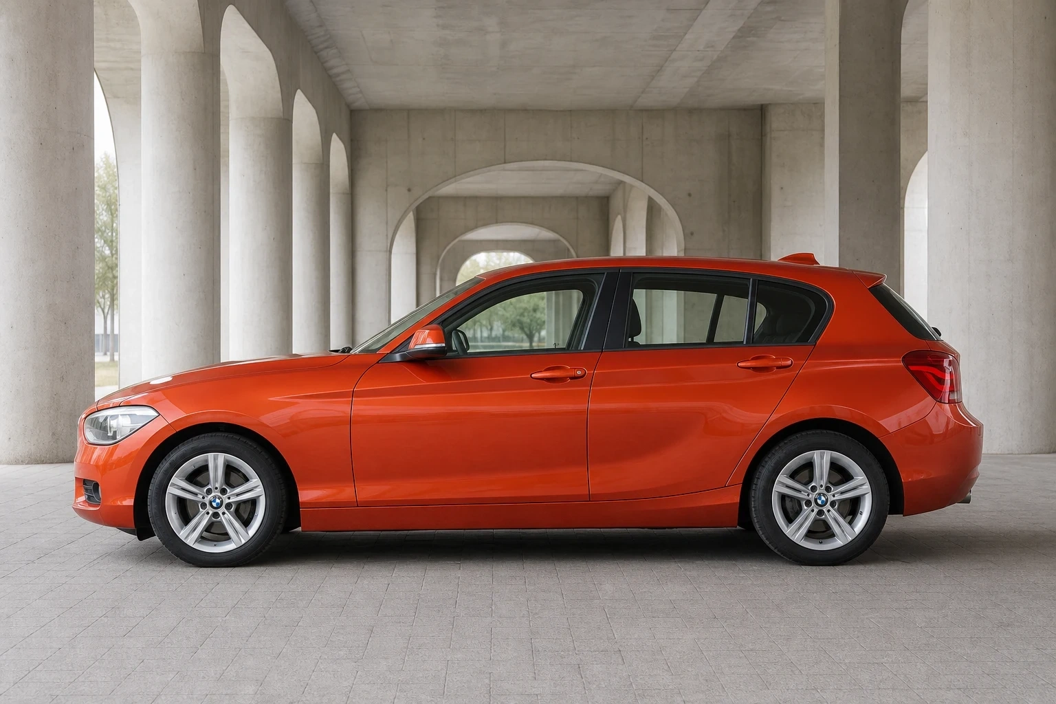 Seitenansicht (Fahrerseite) des BMW 1er 2. Gen als 5-Türer (mit KI erzeugt)
