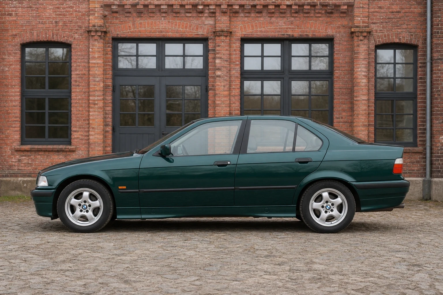 Seitenansicht (Fahrerseite) des BMW 3er 3. Gen als Limousine (mit KI erzeugt)