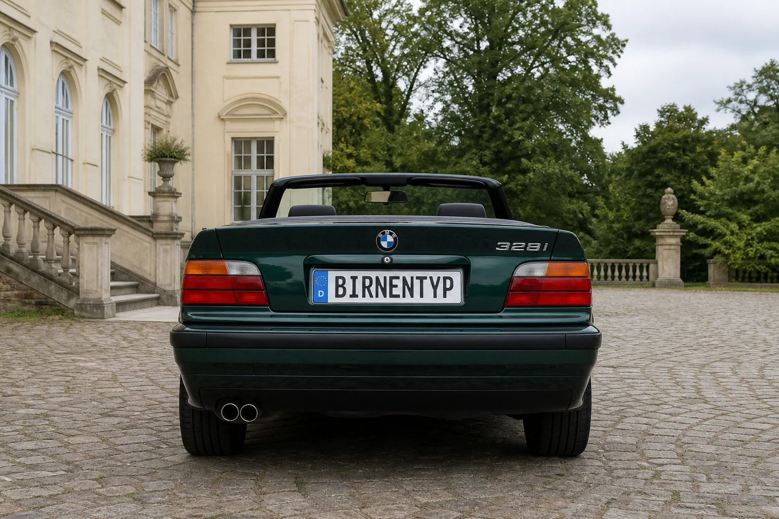 Heck-Ansicht des BMW 3er 3. Gen (Cabriolet) (mit KI erzeugt)