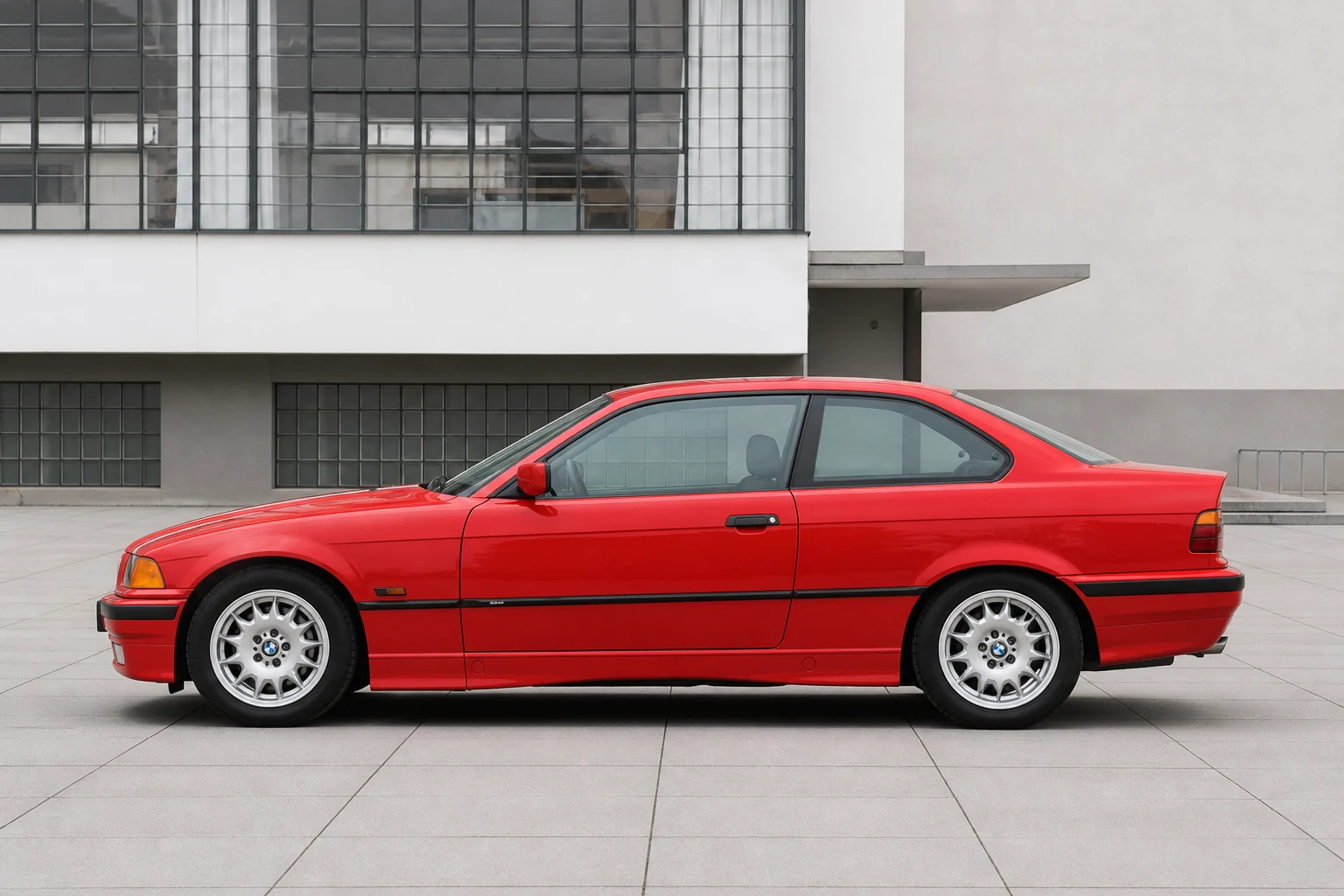 Seitenansicht (Fahrerseite) des BMW 3er 3. Gen als Coupé (mit KI erzeugt)