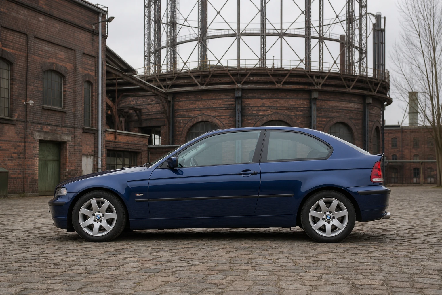 Seitenansicht (Fahrerseite) des BMW 3er 4. Gen als Compact (mit KI erzeugt)