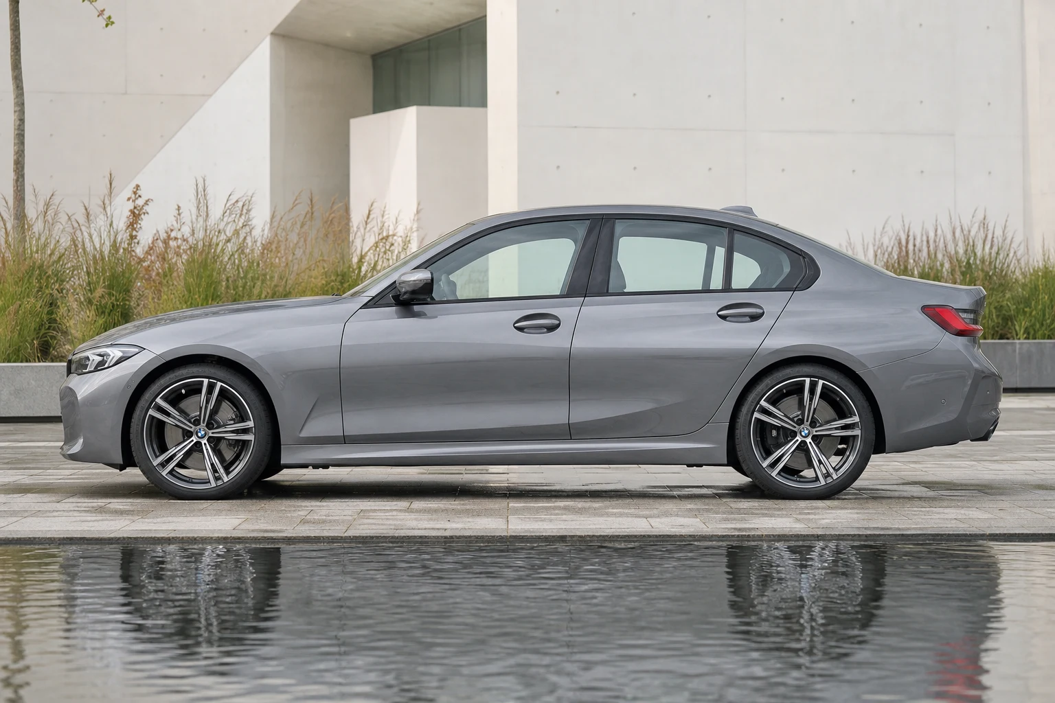 Seitenansicht (Fahrerseite) des BMW 3er 7 Facelift als Limousine (mit KI erzeugt)