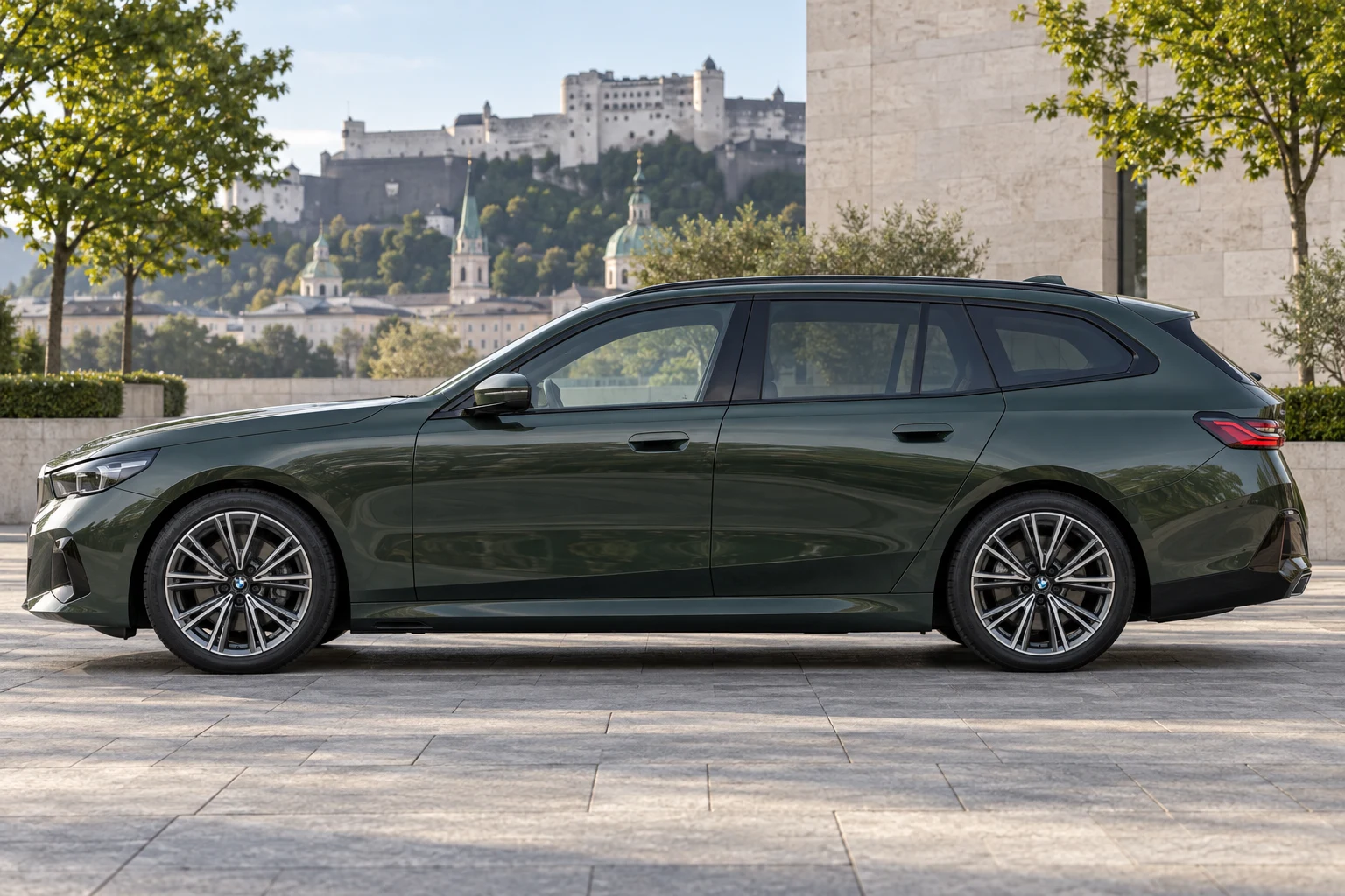 Seitenansicht (Fahrerseite) des BMW 5er 8 als Touring / Kombi (mit KI erzeugt)