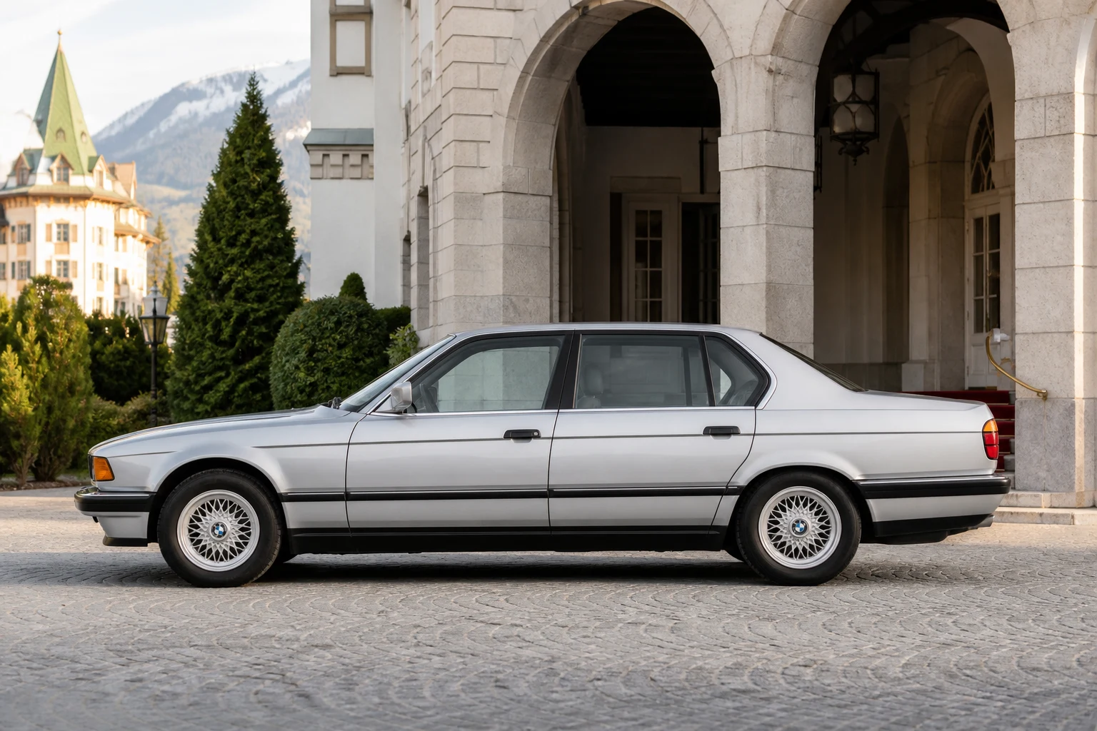 Seitenansicht (Fahrerseite) des BMW 7er 2 als Limousine (mit KI erzeugt)