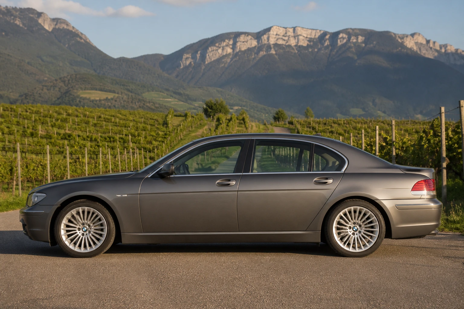 Seitenansicht (Fahrerseite) des BMW 7er 4 als Limousine (mit KI erzeugt)