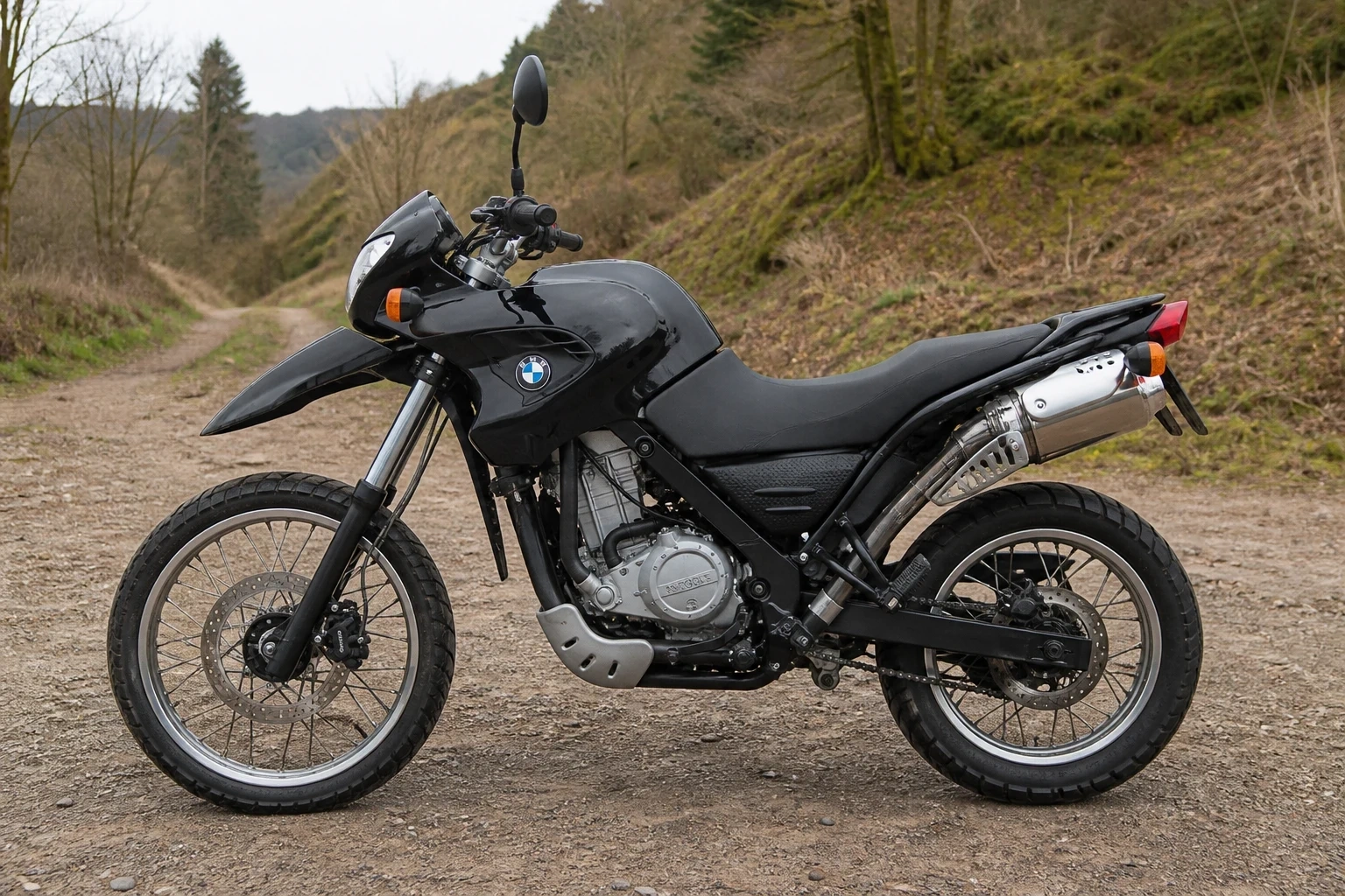 Seitenansicht (Fahrerseite) der BMW G 650 (& GS) als Enduro (mit KI erzeugt)