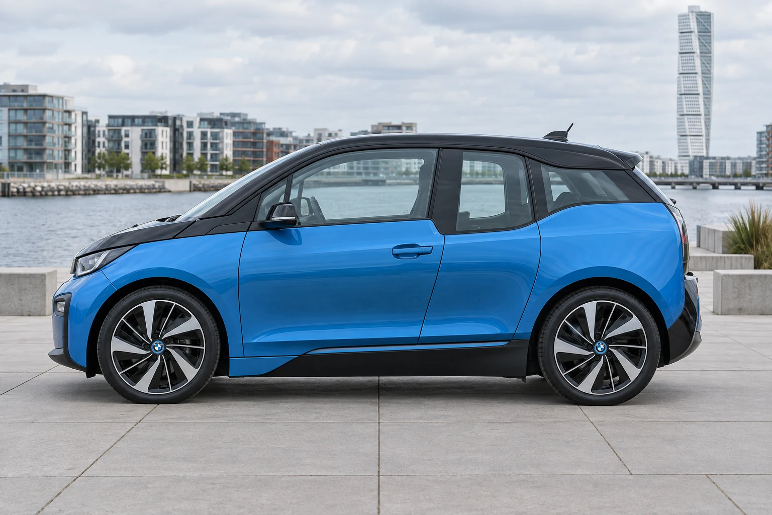 Seitenansicht (Fahrerseite) des BMW i3 & i3s 1 als Schrägheck (mit KI erzeugt)