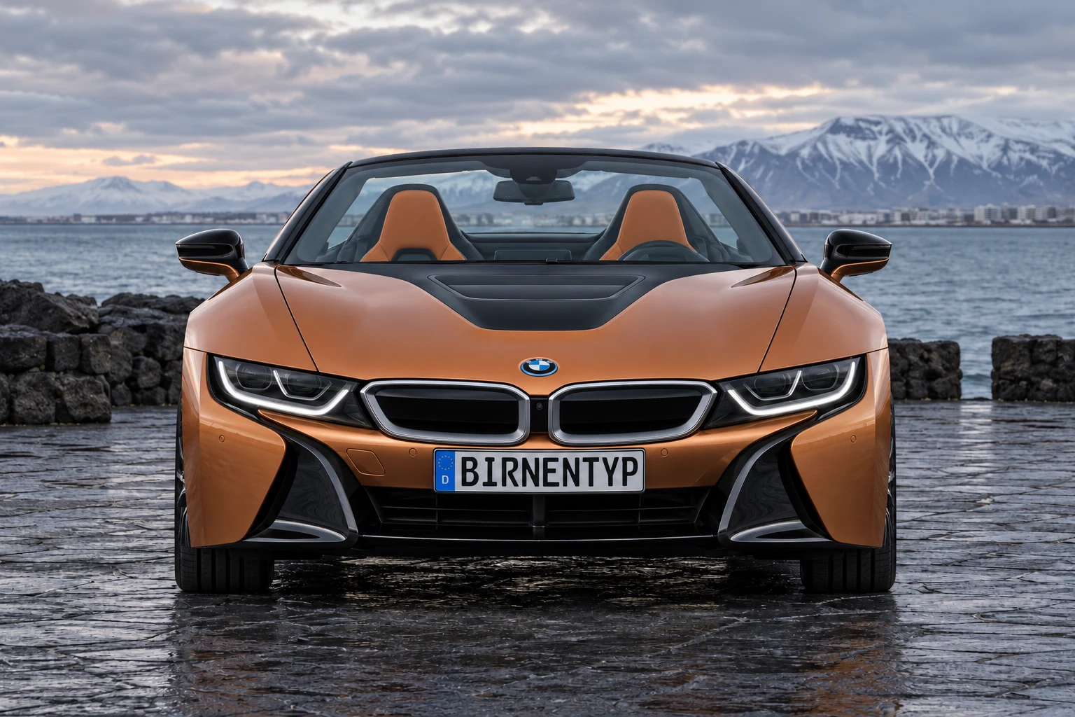 Frontansicht des BMW i8 1 (Roadster) (mit KI erzeugt)
