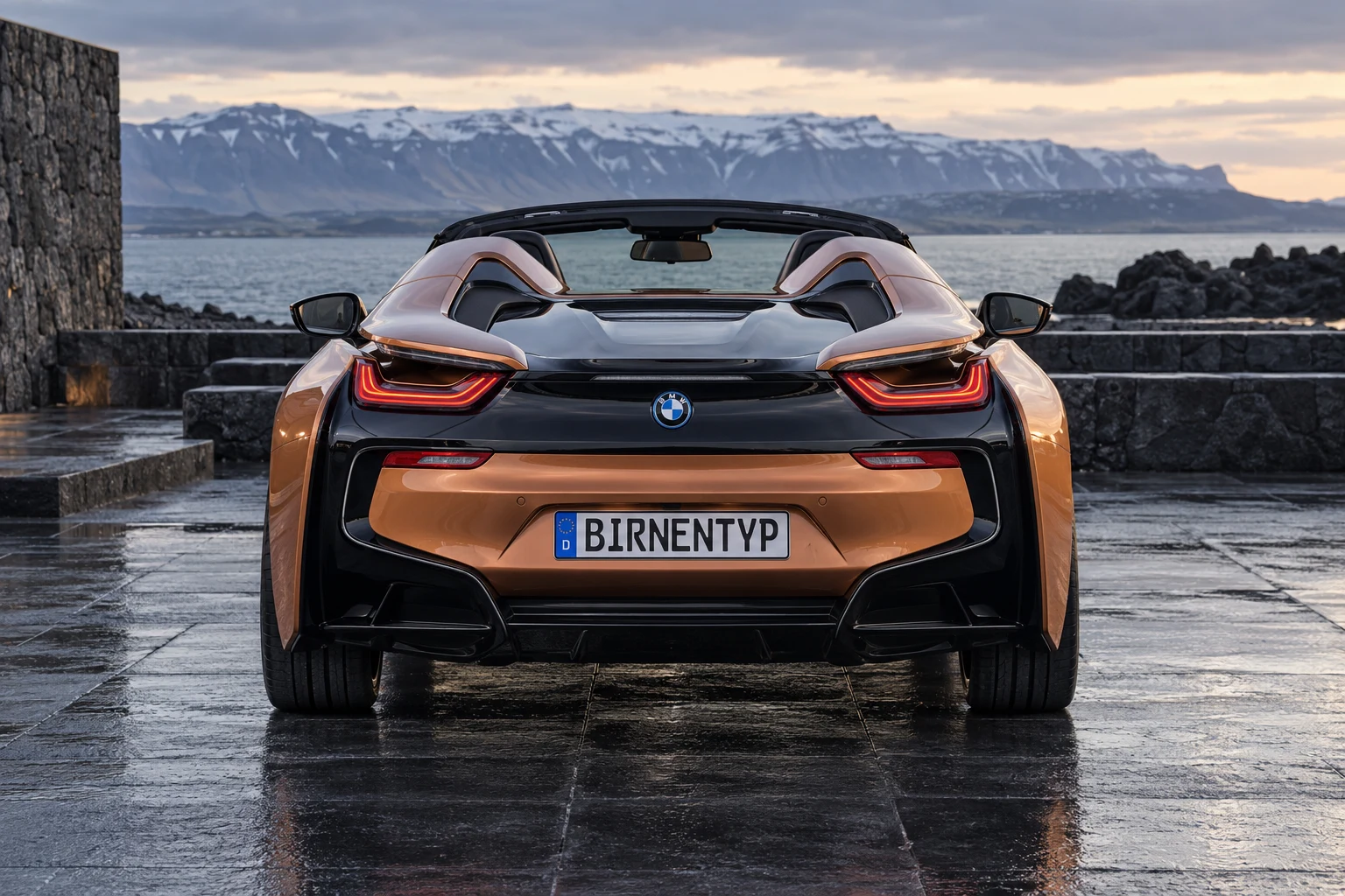 Heck-Ansicht des BMW i8 1 (Roadster) (mit KI erzeugt)