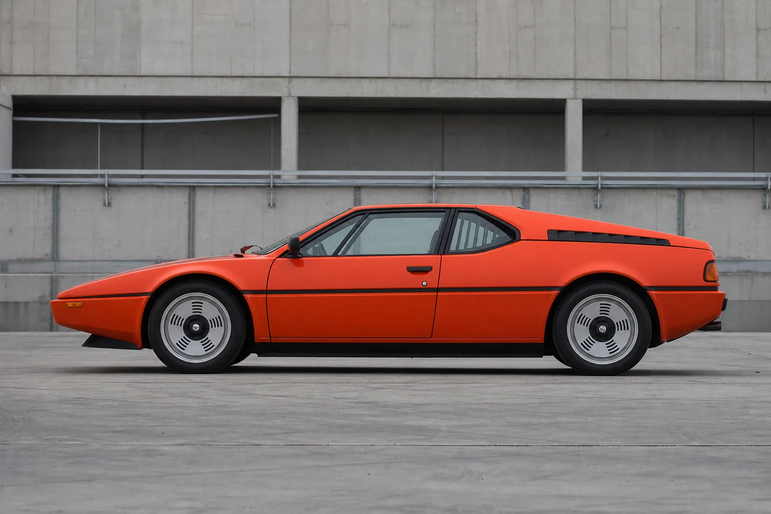 Seitenansicht (Fahrerseite) des BMW M1 1 als Coupé (mit KI erzeugt)